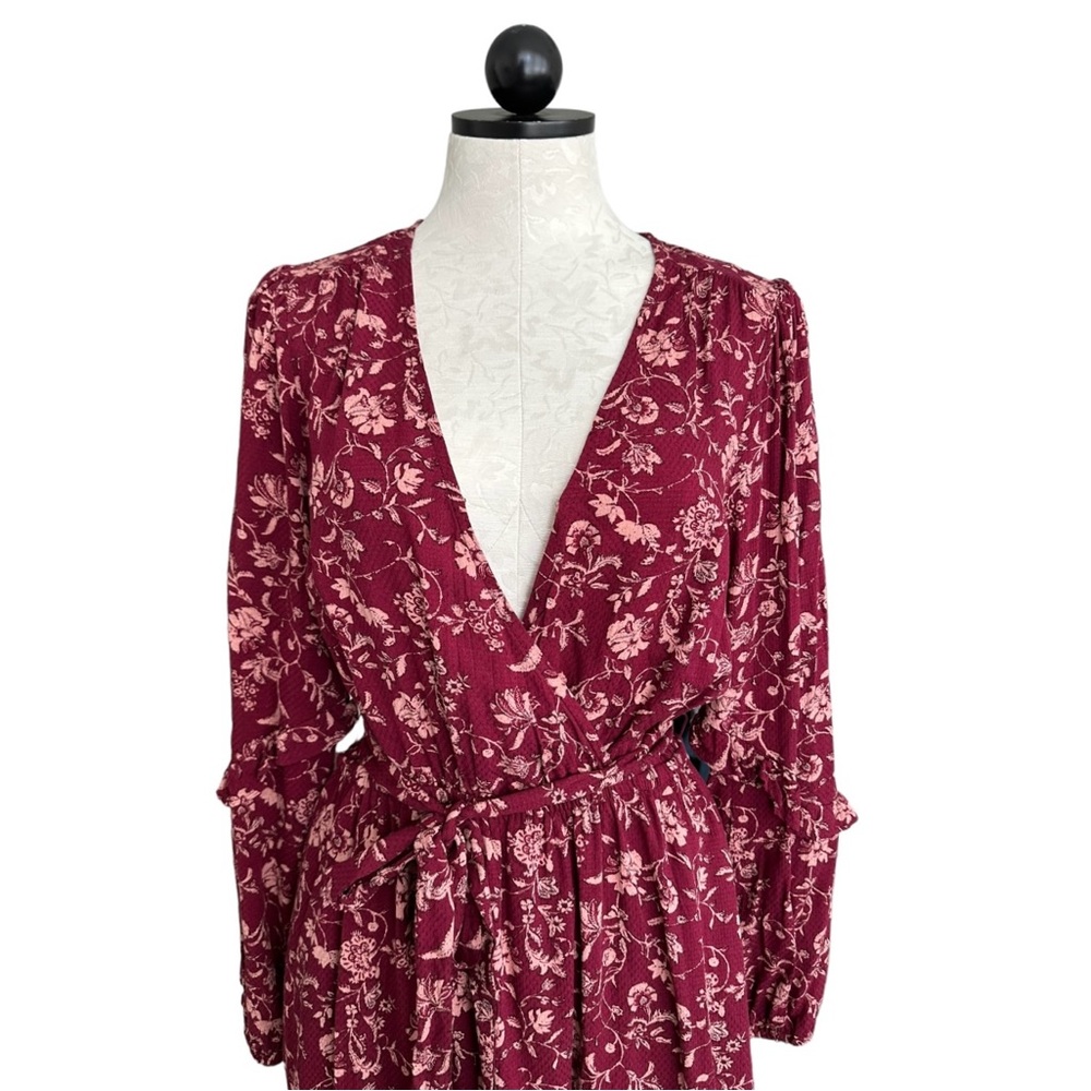 Knox Rose Burgundy Floral Midi Dress Boho Long Sleeve Surplice Neckline Size S - Picture 10 of 15